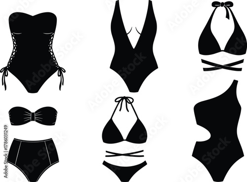 Women’s swimsuit silhouettes featuring bikinis and one-piece designs, fashion vector illustration for summer vacation, beachwear, lifestyle, retail, leisure, tourism, style inspiration content
