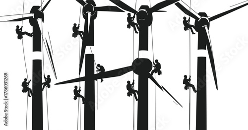 Silhouette vector illustration of workers maintaining wind turbines with ropes and harnesses, inspecting blades, performing safety tasks, renewable energy infrastructure, industry