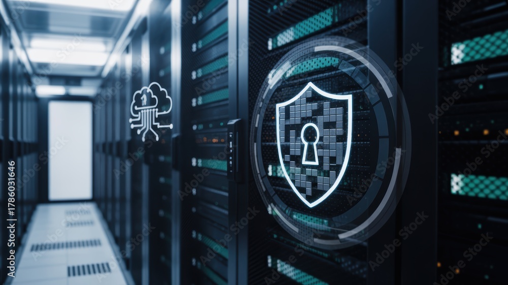 Fototapeta premium Data center security concept server room with shield icon overlay digital protection and cloud computing