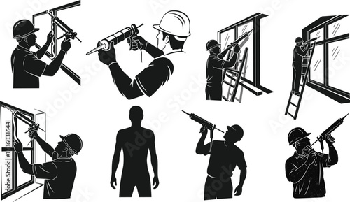 Silhouette vector illustration of workers installing and sealing windows with caulking guns, ladders, safety gear, teamwork, construction tools, home improvement