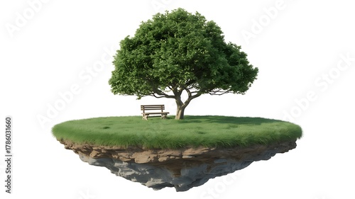 Floating island with green tree and wooden bench on grass land