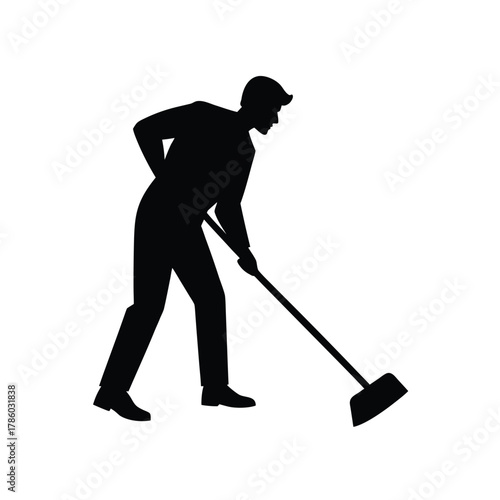 Man Silhouette Cleaning Floor with Broom Sweeper Housework Hygiene Sanitation Service