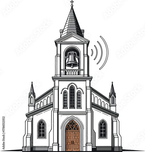 Winter church bell ringing illustration with snowflakes on a white background