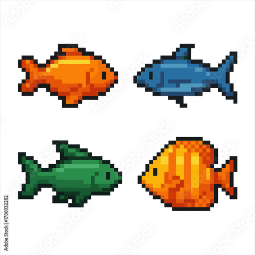 Fish vector icons set in pixel style: marine life and ocean symbols