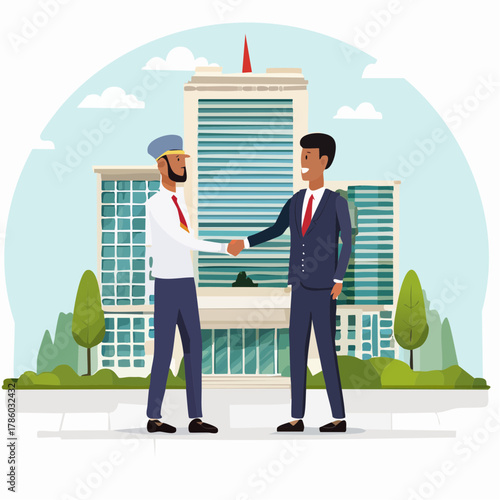 Professional driver and a successful businessman shaking hands in front of a modern corporate office building, symbolizing a business deal or agreement