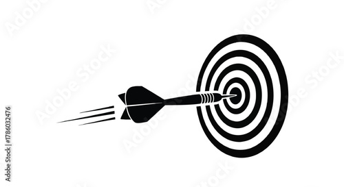 A black silhouette of a dart flying towards the bullseye of a dartboard with motion lines