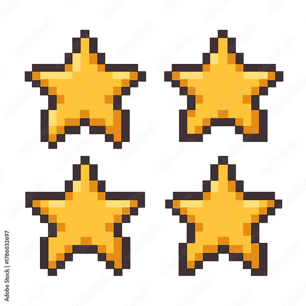 Obraz premium Star vector icons set in pixel art style: simple, compose, decorative elements