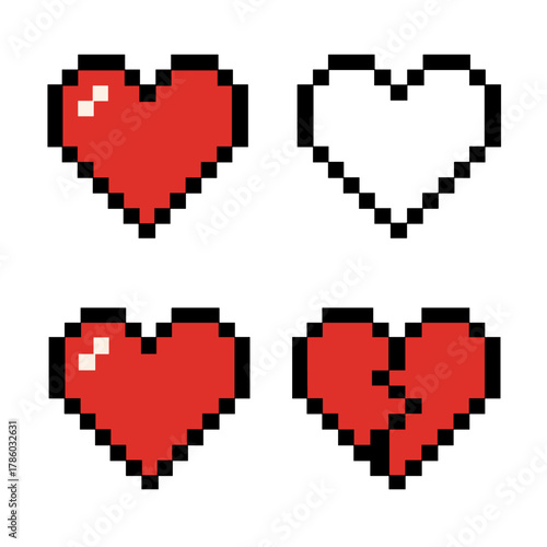 Pixel art heart icons set: simple love and romantic symbols