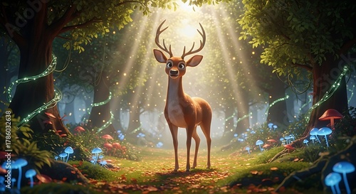 A charming cartoon deer stands in a magical, sunlit forest with glowing mushrooms and twinkling lights.