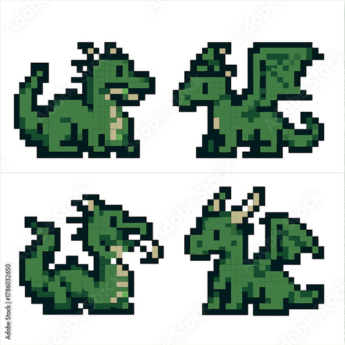 Dragon vector icons set in pixel style. mythical creature symbols and fantasy art