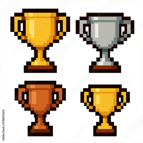Trophy cup pixel icons set: award and achievement symbols