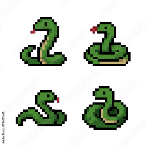 Snake vector icons set: pixel style, simple and compose design collection