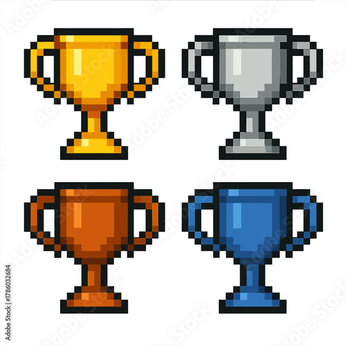 Trophy cup vector icons set, pixel style. achievement and award symbols
