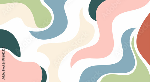 Contemporary decorative abstract blobs pattern with organic shapes and balanced pastel color palette.