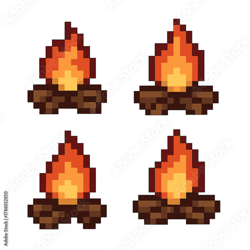Campfire vector icons set in pixel style: simple, retro, nostalgic elements
