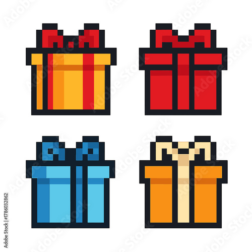 Gift and present vector icons set: pixel style, retro, festive designs