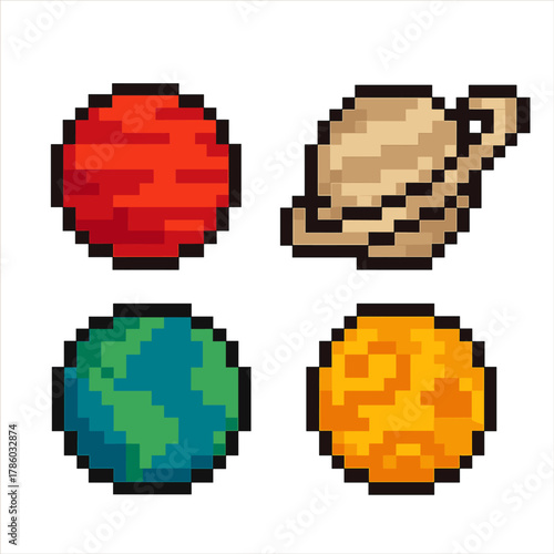 8 bit planet vector icons set. pixel style celestial and space symbols