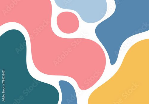 The design incorporates various elements like fluid blobs, dots, swirls, and minimalist line art, creating a visually appealing and versatile background ideal for various design projects. The calming 