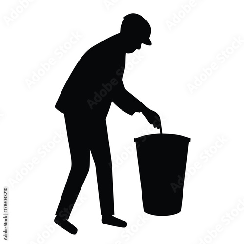 Silhouette of Person Throwing Trash in Bin.  Man Disposes of Rubbish Waste Object