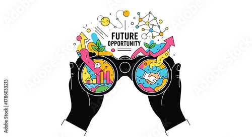 Hands holding binoculars looking towards a bright future with growth charts and partnership symbols symbolizing opportunity