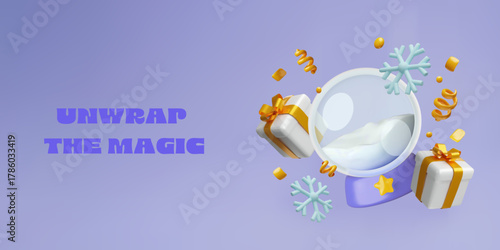 3D Christmas banner with a glass snow globe, white and gold gift boxes, snowflakes, and festive ribbons on a purple background. Winter holiday promotions, New Year greetings, seasonal sale campaigns.
