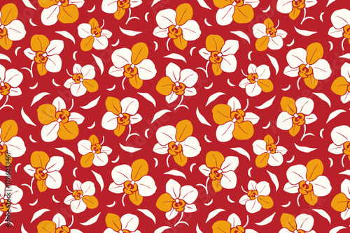 Seamless floral pattern with white and orange orchid flowers on a deep red background, elegant tropical vector design for fabric and wallpaper.