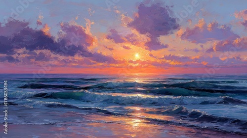 Vibrant ocean sunset with dramatic clouds. AI image