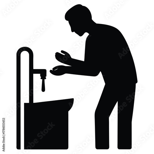 Man Silhouette Washing Hands at Water Cooler Machine in Black and White Style Art