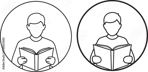 Two people reading books in oval frames silhouette