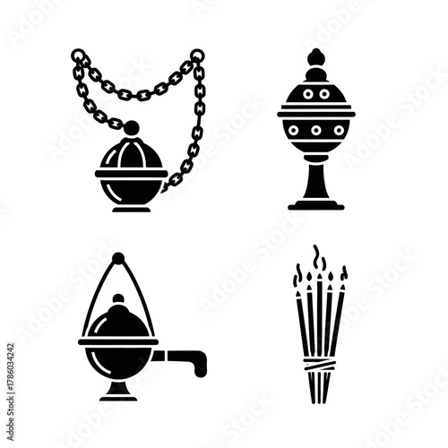 Collection of Religious Incense Burners and Candles Icons.