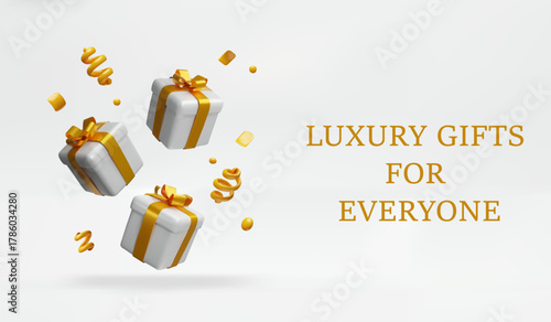 3D banner with white and gold gift boxes on a clean background. Premium three-dimensional design for holiday promotions, Christmas sales, or New Year advertising campaigns.
