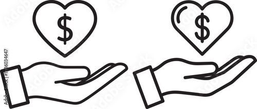 Two hands offering hearts with dollar signs silhouette