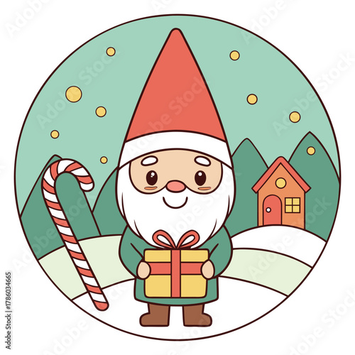 Funny cartoon Santa Claus vector with a gift and Christmas tree 