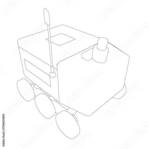 A delivery robot truck with steering wheel in black and white contour drawing.