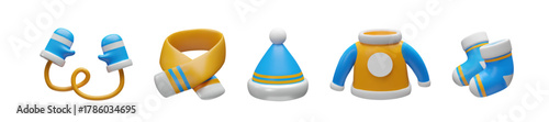 Set of 3D winter clothes icons. Collection of warm apparel and accessories for cold weather. Mittens, scarf, hat, sweater, boots in blue, yellow, white colors. Christmas and New Year design decoration