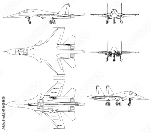 Detailed fighter jet contour drawings on white background, featuring unique military aircraft designs with visible wings, engines, and structural details.