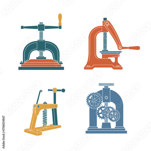 Diverse Collection of Vintage Press Machines in Flat Vector Style.