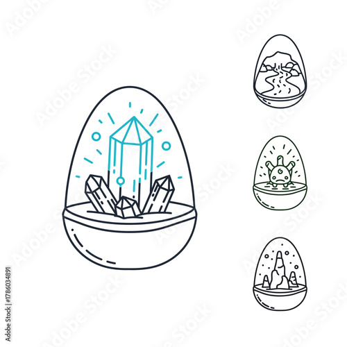 Egg-shaped terrariums with crystals, river, sun, and mountains in line art.