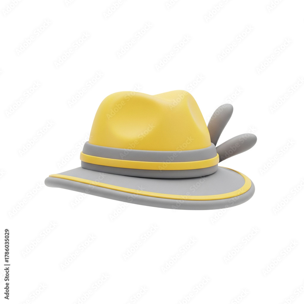 Fototapeta premium Yellow and gray hat with feathers isolated on transparent background