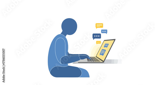 Person sitting at a desk typing on a laptop with chat bubbles appearing above the screen symbolizing communication