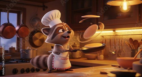 A cute cartoon raccoon chef happily flips a pancake in a warm, rustic kitchen.
