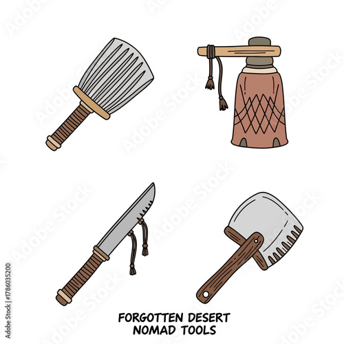 Forgotten Desert Nomad Tools - Hand-Drawn Illustration of Essential Survival Gear.