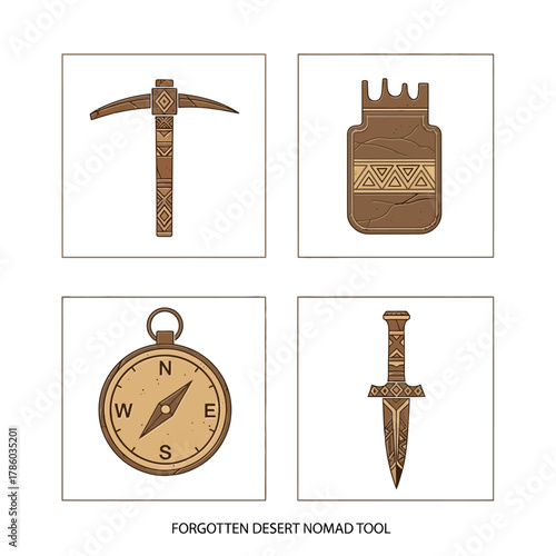 Forgotten Desert Nomad Tools - Pickaxe, Canteen, Compass, and Dagger.
