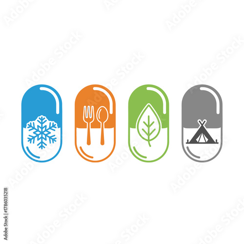 Four colorful capsules with symbols representing cold, food, nature, and camping.