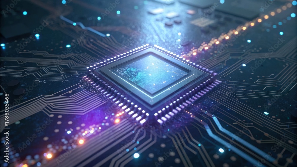 Obraz premium A close-up view of a microchip on a circuit board, showcasing intricate details and glowing lights, representing advanced technology.