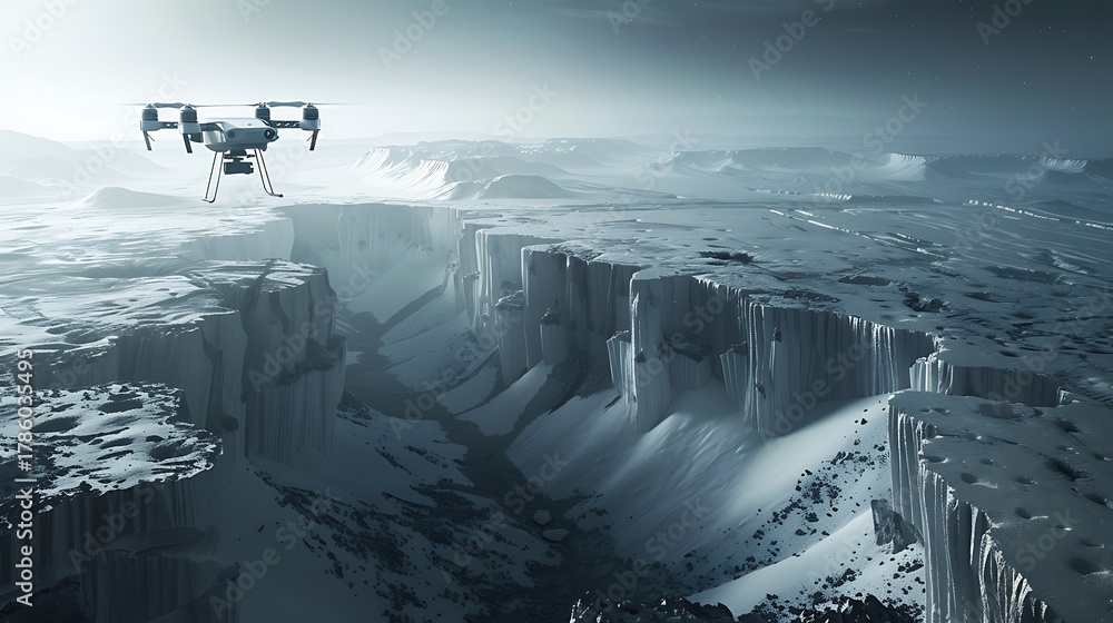 Obraz premium Aerial view of drone flying over icy landscape with canyon and misty atmosphere