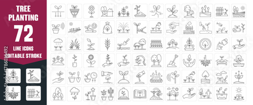 Tree Planting Line Icons Set — Editable Stroke Nature, Environment, Ecology, Farming, Gardening, and Eco Conservation Vector Symbol Collection