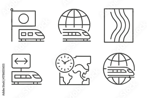 Global Maglev Icons. Line style icons of global maglev routes: country flag and train icon, international maglev plan, map with