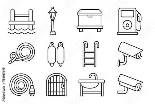 Marina Life Icons. Line style round vector icons of Marina Life: Dock, Marina Lamp, Dock Box, Fuel Pump; Mooring Line, Fenders,