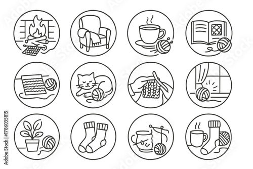 Cozy Knitting Icons. Line style icons of cozy knitting scenes in round shape: knitting by fire, chair with blanket, cup of tea and